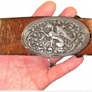 Vintage Brown Leather Belt with Silver Gargoyle Buckle